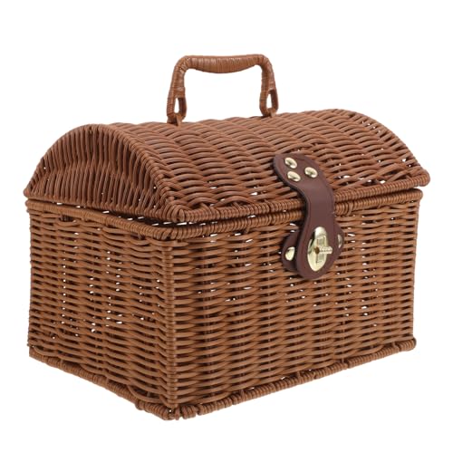 COSMEVIVI Mahjong-aufbewahrungsbox Aus Rattan, Rechteckig, Geflochtener Korb Mit Deckel, Miniatur-Dekoration Im Boho-Stil Für Die Organisation Und Präsentation Zu Hause, 25 X 19,5 X 18 cm von COSMEVIVI