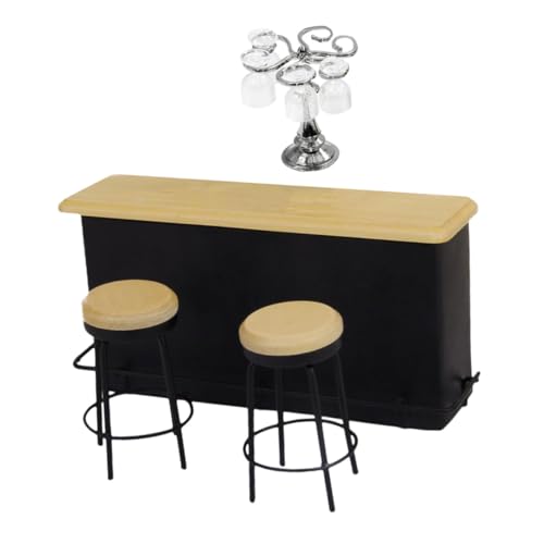 COSMEVIVI Miniatur Bar Theken-Set mit Eckigen Gläsern und Hockern Silberner Becherhalter Puppenhaus Zubehör Stabiles Miniaturmöbel für Kinderzimmerdekoration von COSMEVIVI