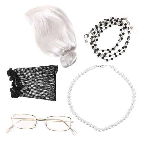 COSMEVIVI Cosplay Großmutter Perücke Und Kostüm Graue Alte Dame Perücke Set Brille Und Halskette Cosplay COSMEVIVI Cosplay Großmutter Perücke Und Kostüm Graue Alte Dame Perücke Set Brille Und Halskette Cosplay von COSMEVIVI