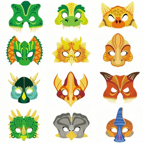 12 Stück Dinosaurier Masken für Kinder,Dinosaurier Tiermasken Kindermasken Wiederverwendbare Verkleidung Cosplay Masken Party Mitgebsel für Geburtstag Halloween Karneval Mottoparty Mädchen Junge von COSORO