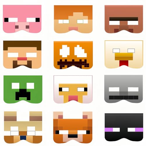 12 Stück Minecraft Masken für Kinder,Minecraft Kindermasken Wiederverwendbare Verkleidung Cosplay Masken Party Mitgebsel für Geburtstag Halloween Karneval Spiele Mottoparty Mädchen Junge Partymaske von COSORO