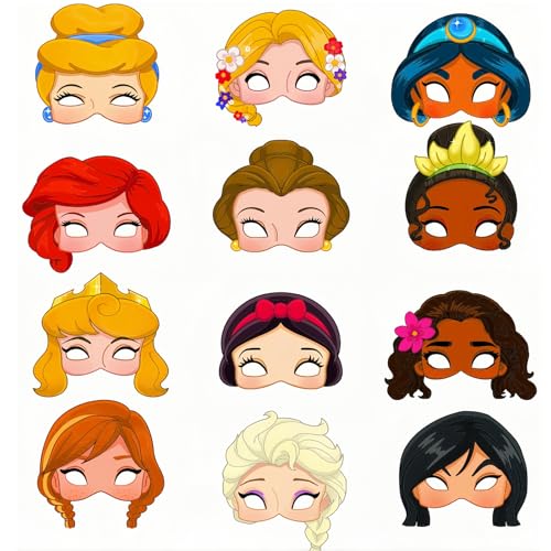 COSORO 12 Stück Prinzessin Masken für Kinder,Prinzessin Kindermasken Wiederverwendbare Verkleidung Cosplay Masken Party Mitgebsel für Geburtstag Halloween Karneval Mottoparty Mädchen von COSORO