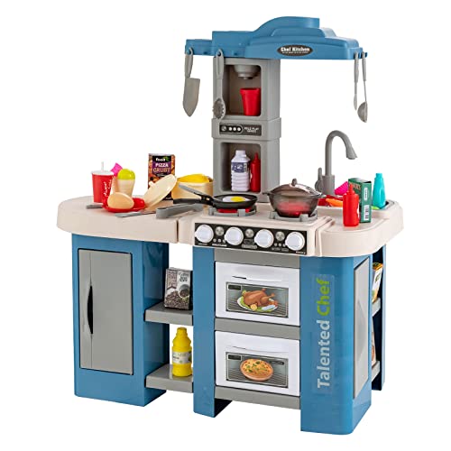 COSTWA Kinderküche mit 67 Zubehör, Spielküche aus Kunststoff mit Wasserpumpfunktion, Licht und Sound, Dampf- & Kocheffekten, Spielzeugküche für Kinder ab 2 Jahren (Blau) von COSTWAY
