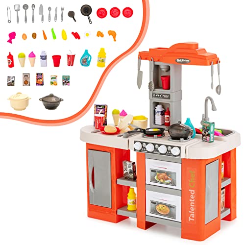 COSTWA Kinderküche mit 67 Zubehör, Spielküche aus Kunststoff mit Wasserpumpfunktion, Licht und Sound, Dampf- & Kocheffekten, Spielzeugküche für Kinder ab 2 Jahren (Orange) von COSTWAY