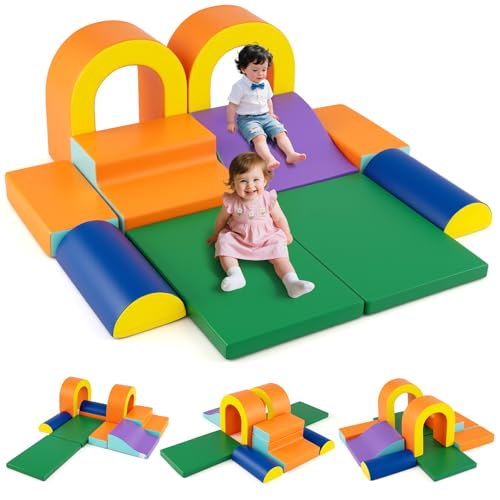 COSTWAY 10 Stück Motorikmodul für Babys mit Rutsche & Treppe, Motoriklauf Baby aus Schaumstoff mit Lederbezug & Greifbändern, Lernspielzeug für Vorschulkinder (Orange) von COSTWAY