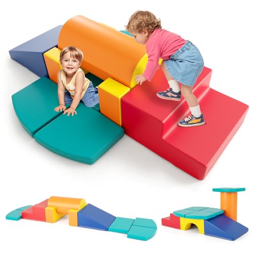 COSTWAY 10 TLG. Schaumstoff Bausteine, Softbausteine weich zum Klettern & Rutschen, Riesenbausteine aus PU, Großbausteine Kletterblöcke Indoor für Kinder ab 1 Jahr von COSTWAY