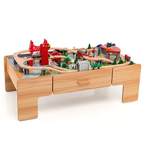 COSTWAY 100 teiliges Kinder Eisenbahn Set, Spieltisch aus Holz mit umkehrbarer Tischplatte & Schublade, Holzeisenbahn Zug Spielzeug für Kinder ab 3 Jahre (100 teilig) von COSTWAY