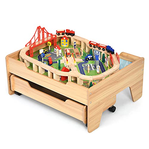 COSTWAY 100 teiliges Kindereisenbahn Set Holz, Kinder Spieltisch mit Schublade und abschließbaren Rädern, Zug Holzeisenbahn Set ab 3 Jahren(100 teilig mit Rädern) von COSTWAY