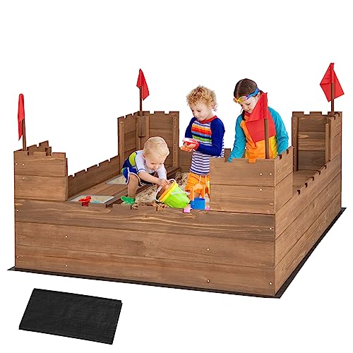 COSTWAY 113 x 116 cm Sandkasten mit Staufächern & Flaggen, Sandbox mit Sitzbank, Sandkiste Holz für 1-2 Kinder, inkl. Bodenabdeckung, ab 3 Jahre von COSTWAY