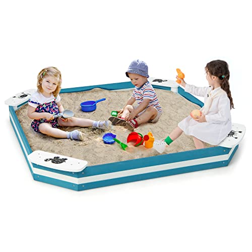 COSTWAY 126 x 126 x 14 cm Sandkasten Holz, Sandbox mit 4 integrierten Sitzen, Sandkiste für Kinder ab 3 Jahre von COSTWAY