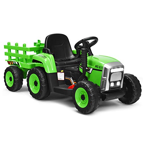 COSTWAY 12V 3-Gang Traktor mit abnehmbarem Anhänger und 2,4G Fernbedienung, Kinder Aufsitztraktor mit LED Lichtern, Musik, Hupe & USB Funktionen, geeignet für Kinder ab 3 Jahren (Grün) von COSTWAY
