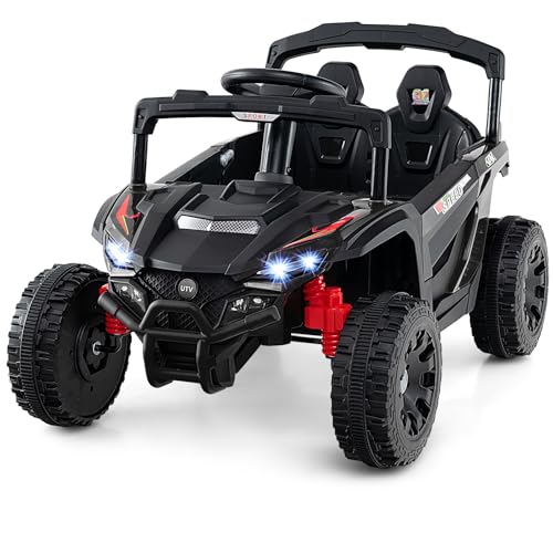 COSTWAY 12V Elektroauto Kinder, Elektrischer UTV-Truck mit Fernbedienung, 3 Geschwindigkeiten, LED-Lichter, Musik, Hupe & Federung, Kinderauto Kinderfahrzeug für Jungen & Mädchen ab 3 Jahren (Schwarz) von COSTWAY