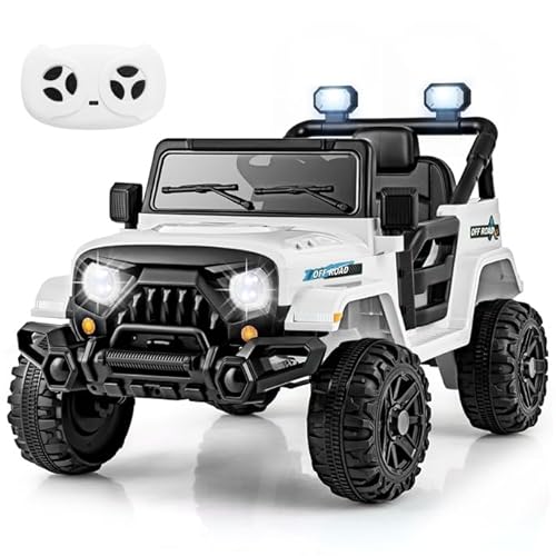 COSTWAY 12V Elektroauto Kinder, Elektro Kinderauto mit 2,4G Fernsteuerung, LED-Leuchten, Musik und Hupe, Jeep Auto für Kinder ab 3 Jahren (Weiß) von COSTWAY
