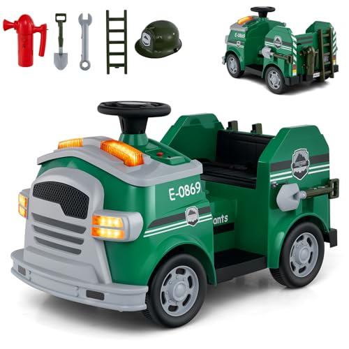 COSTWAY 12V Feuerwehr Rutschauto, Kinder Feuerwehrauto mit Hupe, Schaufel, Feuerlöscher, Schutzhelm & Schraubenschlüssel, Rutschfahrzeug mit Musik & Alarm, Spielzeugauto für Kinder ab 3 Jahren (Grün) von COSTWAY