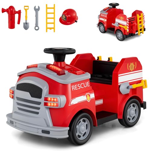 COSTWAY 12V Feuerwehr Rutschauto, Kinder Feuerwehrauto mit Hupe, Schaufel, Feuerlöscher, Schutzhelm & Schraubenschlüssel, Rutschfahrzeug mit Musik & Alarm, Spielzeugauto für Kinder ab 3 Jahren (Rot) von COSTWAY