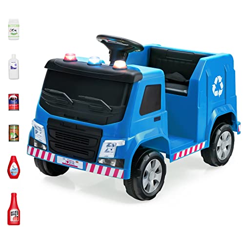 COSTWAY 12V Kinder Aufsitz Müllwagen mit Musik, Hupen und Licht, Elektroauto mit Vorwärts-/Stop-/Rückwärtsfunktion, inkl. Fernbedienung, bis zu 3 km/h, ab 3 Jahre alt (Blau) von COSTWAY