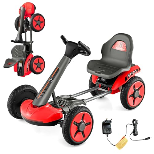 COSTWAY 12V Kinder Elektro Gokart mit LED Lichter, Go Kart mit 2-Fach verstellbarem Lenkrad & Sitz, Tretauto mit Getränkehalter, EIN-Knopf-Start, für Kinder ab 2 Jahre alt (Rot) von COSTWAY