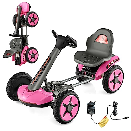 COSTWAY 12V Kinder Elektro Gokart mit LED Lichter, Go Kart mit 2-Fach verstellbarem Lenkrad & Sitz, inkl. Getränkehalter, EIN-Knopf-Start, für Kinder ab 2 Jahre alt (Rosa) von COSTWAY