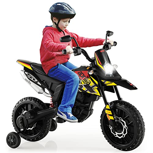COSTWAY 12V Kinder Elektro Motorrad mit Stützrädern, Aprilia Kindermotorrad mit Musik und Scheinwerfer, 5,5-6 km/h, geeignet für Kinder von 3 bis 8 Jahren (Schwarz) von COSTWAY