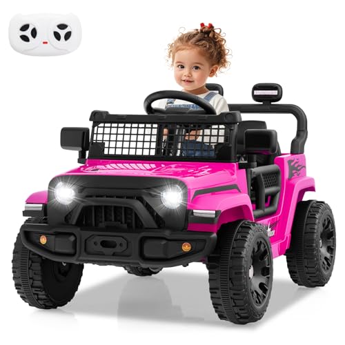 COSTWAY 12V Kinder Elektroato, Elektro Kinderauto mit Fernbedienung & Musik & Hupe & LED-Lichter, Elektrofahrzeug mit 3 Geschwindigkeiten, Elektro Auto für Kinder ab 3 Jahren (Rosa) von COSTWAY