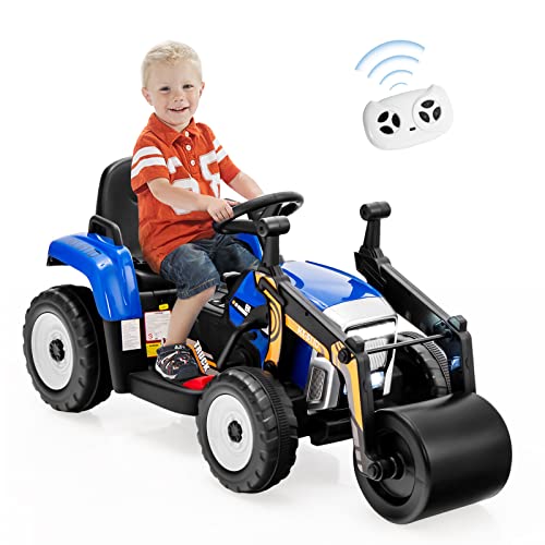 COSTWAY 12V Kinder Walze mit Musik, Hupen und Scheinwerfer, Elektroauto mit Verstellbarer Walze, 3-8 km/h, inkl. 2,4GHz Fernbedienung (Blau) von COSTWAY