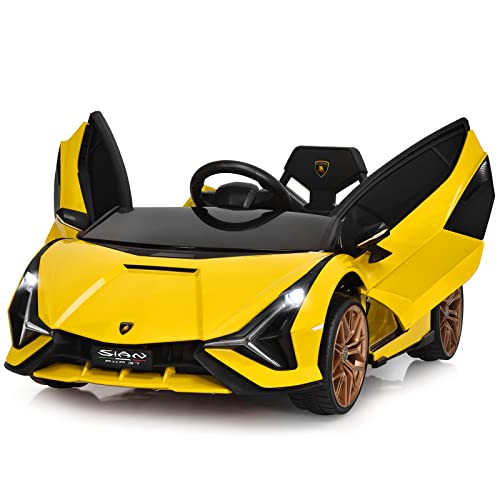 COSTWAY 12V Lamborghini Kinder Elektroauto mit 2,4G-Fernbedienung, Kinderauto 3-5km/h mit MP3, Radio, Musik und LED-Scheinwerfer, für Kinder von 3-8 Jahren (Gelb) von COSTWAY