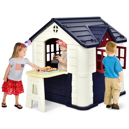COSTWAY Kinder Spielhaus für bis zu 6 mit Pickniktisch, Türen und Fenstern, Kinderhäuschen Outdoor inkl. Spielzeugset und Regenschutzhülle, ideal für Jungen und Mädchen, 164 x 124 x 132 cm (Blau) von COSTWAY