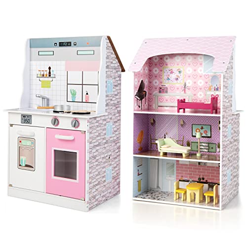 COSTWAY 2 in 1 Puppenhaus und Kinderküche aus Holz, doppelseitiges Spielhaus inkl. Zubehör,für Kinder ab 3 Jahren, 55 x 42, 5 x 91 cm, rosa von COSTWAY