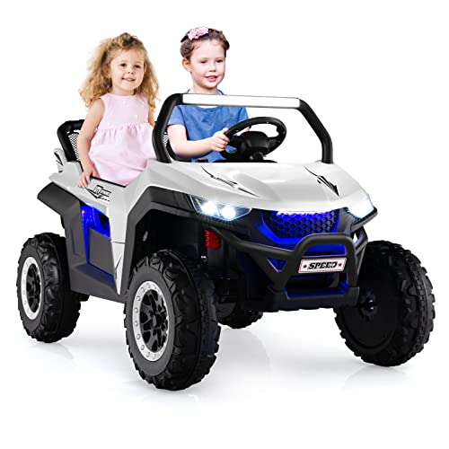 COSTWAY 2 Sitzer Kinderauto mit 2,4G Fernbedienung, 12V Kinder UTV mit Musik und Scheinwerfer, Elektro Auto 2-4 km/h, für Kinder ab 3 Jahren (Weiß) von COSTWAY
