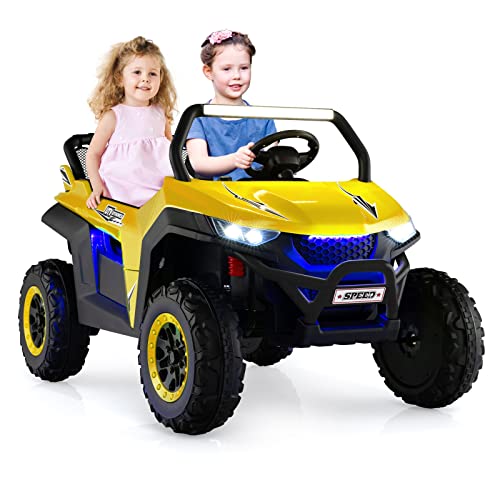 COSTWAY 2 Sitzer Kinderauto mit 2,4G Fernbedienung, 12V Kinder UTV mit Musik und Scheinwerfer, Jeep Auto 2-4 km/h, für Kinder ab 3 Jahren (Gelb) von COSTWAY