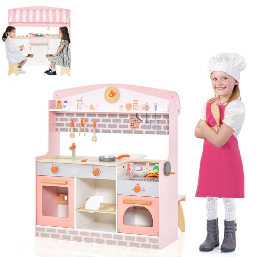 COSTWAY 2 in 1 Kinderküche, doppelseitige Spielküche, Holzküche mit Herd, Backofen, Grill, verstellbarem Baldachin & Holzhahn, Spielzeugküche für 3 bis 8 Jahren Kinder von COSTWAY