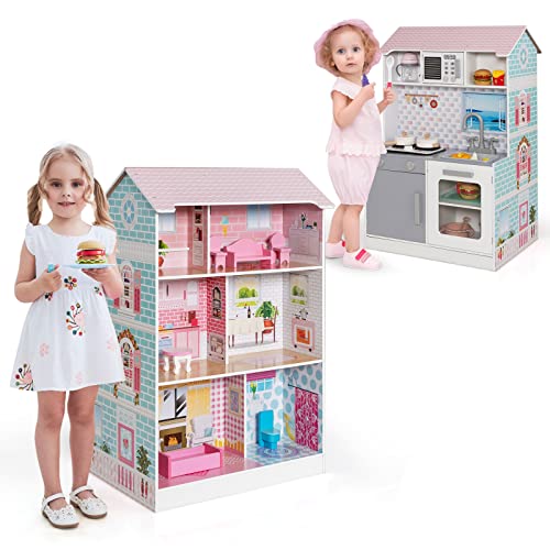 COSTWAY 2 in 1 Puppenhaus und Kinderküche, doppelseitiges Spielhaus aus Holz mit Möbel und Zubehör, Spielküche mit realistischem Sound und Licht, für Mädchen von COSTWAY