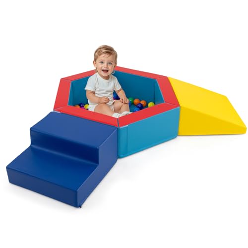 COSTWAY 3 TLG. Schaumstoff Bausteine mit Bällebad, Softbausteine mit 100 Ozeanbällen, Riesenbausteine zum Klettern & Toben, Großbausteine Kletterblöcke XXL Indoor für Kinder ab 1 Jahr von COSTWAY