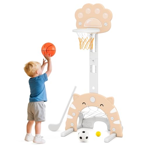 COSTWAY 3 in 1 Kinder Basketballkorb, Basketballständer mit Basketball & Fußball & Golfspiel, Indoor Outdoor Basketballspiel mit Verstellbarer Höhe & faltbarem Korb, für Kinder ab 3 Jahren (Mokka) von COSTWAY