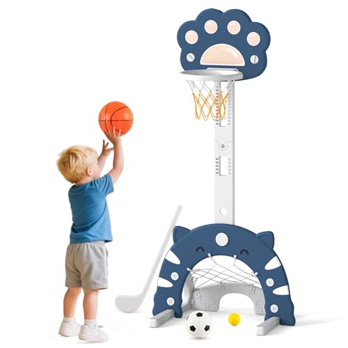 COSTWAY 3 in 1 Kinder Basketballkorb, Basketballständer mit Basketball & Fußball & Golfspiel, Indoor Outdoor Basketballspiel mit Verstellbarer Höhe & faltbarem Korb, für Kinder ab 3 Jahren (Blau) von COSTWAY