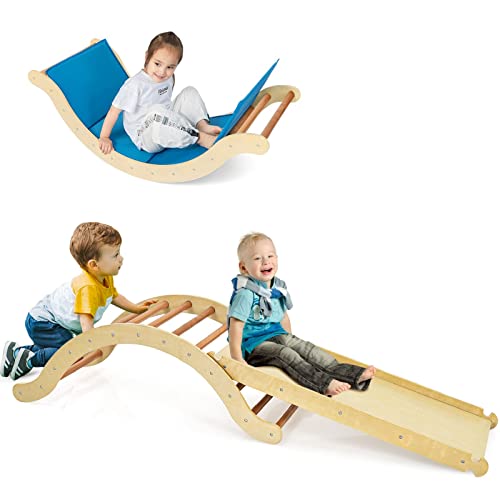 COSTWAY 3 in 1 Kinder Kletterleiter Set, Holz Kletterbogen Kletterdreieck mit umkehrbarer Rampe zum Klettern und Rutschen,Kleinkinderrutsche Leiter-Spielset für drinnen draußen von COSTWAY