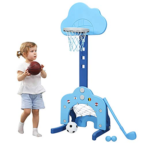 COSTWAY 3 in 1 Kinder Spielplatz, höhenverstellbarer Basketballkorb & Fußballtor & Golf, Basketballständer inkl. Bälle und Golf Club, Korbanlage für Kinder von 2-7 Jahren (Blau) von COSTWAY