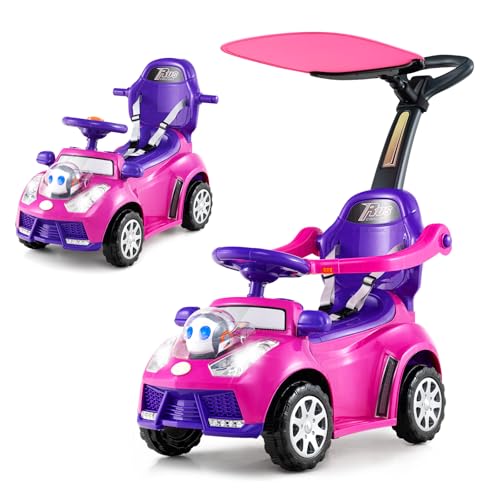 COSTWAY 3-in-1 Rutschauto mit Schiebestange, Rutschfahrzeug mit Hupe, Musik, Licht & Sicherheitsgurt, Schiebauto mit Stauraum, abnehmbarem Schutzbügel, Rutscher Auto für Kinder ab 1 Jahr (Rosa) von COSTWAY