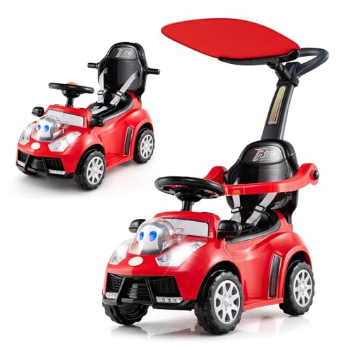 COSTWAY 3-in-1 Rutschauto mit Schiebestange, Rutschfahrzeug mit Hupe, Musik, Licht & Sicherheitsgurt, Schiebauto mit Stauraum, abnehmbarem Schutzbügel, Rutscher Auto für Kinder ab 1 Jahr (Rot) von COSTWAY