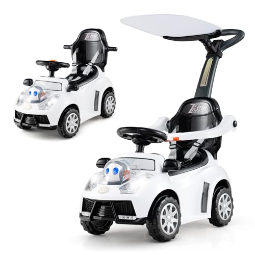 COSTWAY 3-in-1 Rutschauto mit Schiebestange, Rutschfahrzeug mit Hupe, Musik, Licht & Sicherheitsgurt, Schiebauto mit Stauraum, abnehmbarem Schutzbügel, Rutscher Auto für Kinder ab 1 Jahr (Weiß) von COSTWAY