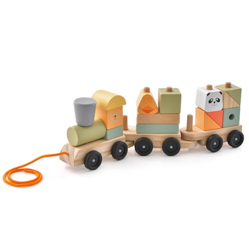 COSTWAY 3 teiliges Holz Eisenbahn Set, Kinder Holzzug stapelbar mit Bausteinen & bunten Tierfiguren, Bausteinzug Lokomotiven pädagogisch für Jungen & Mädchen ab 3 Jahren (Modell 2) von COSTWAY