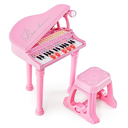 COSTWAY 31 Tasten Kinder Keyboard mit Hocker, Elektronische Klaviertastatur mit Mikrofon, LED-Lehrmodus, tragbares Spielzeugklavier Musikinstrument für Kinder ab 3 Jahre (Rosa) von COSTWAY