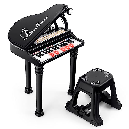 COSTWAY 31 Tasten Kinder Keyboard mit Hocker, Elektronische Klaviertastatur mit Mikrofon, LED-Lehrmodus, tragbares Spielzeugklavier Musikinstrument für Kinder ab 3 Jahren (Schwarz) von COSTWAY