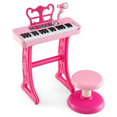 COSTWAY 37 Tasten Kinder Keyboard, Kinderklavier elektronisch mit Hocker, Mikrofon & Notenständer, Kinderpiano mit Abnehmbarer Beinen, Klaviertastatur für Kinder ab 3 Jahren (Rosa) von COSTWAY