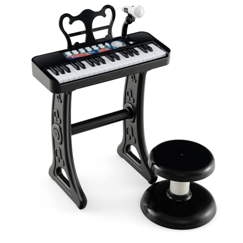 COSTWAY 37 Tasten Kinder Keyboard, Kinderklavier elektronisch mit Hocker, Mikrofon & Notenständer, Kinderpiano mit Abnehmbarer Beinen, Klaviertastatur für Kinder ab 3 Jahren (Schwarz) von COSTWAY
