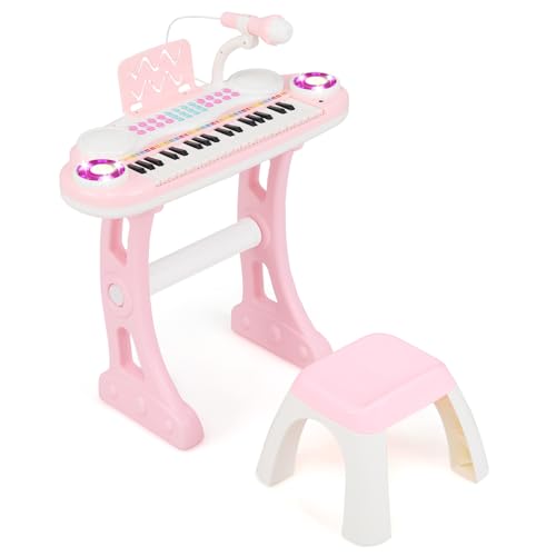 COSTWAY 37 Tasten Klaviertastatur mit Licht, Elektro Kinder Keyboard Aufnahme & Wiedergabe, Klavier Spielzeug mit Mikrofon, Ständer & Hocker, Spielzeugklavier für Kinder ab 18 Monaten (Rosa) von COSTWAY