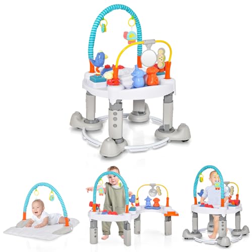 COSTWAY 4 in 1 Baby Spielzentrum, Spielmatte & Lauflernhilfe & Aktivitätstisch mit 3 verstellbaren Höhen, Spielzeugstange & Spieluhr, 360° drehbarer Hüpfstuhl Jumperoo klappbar für 0-24 Monate (Grau) von COSTWAY