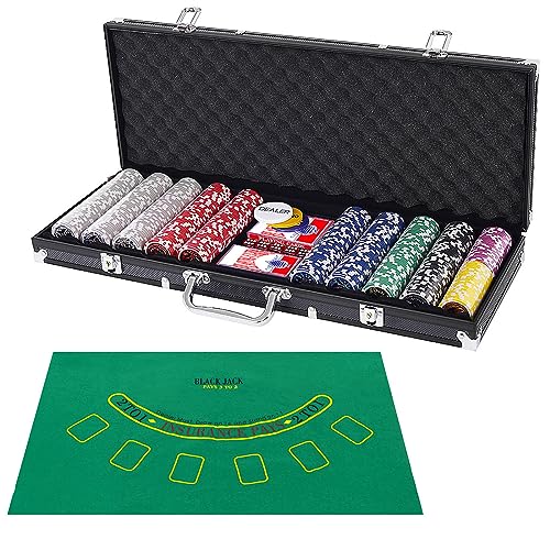 COSTWAY 500 Laser-Chips Pokerset, Poker Komplett Set mit Chips, 2 Spielkarten, 5 Würfel, 3 Händler-Chips und Tischtuch, Kasino Pokerkoffer Aluminium mit 2 Schlüsseln (Schwarz) von COSTWAY