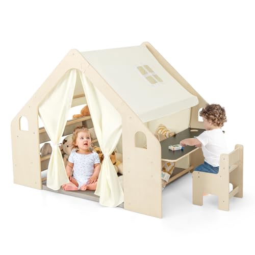 COSTWAY 6-IN-1 Kinderzelt Holz mit Kindertisch & Stuhl & Kinderregal, Kinderspielhaus mit Matte | Tafel | Aufbewahrungsboxen | Kreidebox, Spielzelt Spielhaus indoor für Kinder ab 2 Jahren(Mit 6 Boxen) von COSTWAY