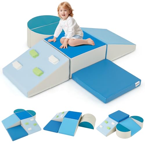 COSTWAY 6 TLG. Schamstoff Bausteine Kinder, Softbausteine mit Kletterfelsen zum Klettern & Krabbeln, Riesenbausteine aus Schaumstoff, Großbausteine Kletterblöcke für Innenbereich (Blau) von COSTWAY